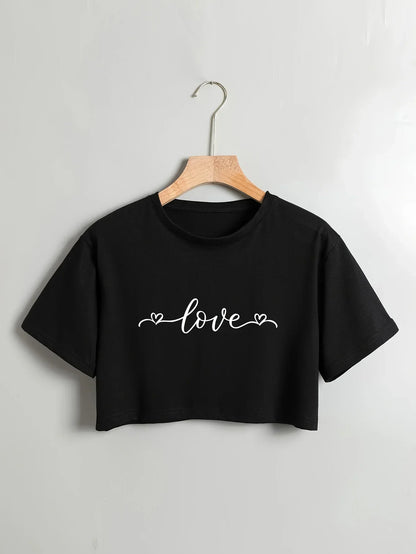 Letter Print Crew Neck Pullover T-Shirt Casual Short Sleeve Crop T-Shirt for Every Day Women's Clothing p601-Black Luqi