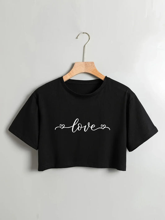 Letter Print Crew Neck Pullover T-Shirt Casual Short Sleeve Crop T-Shirt for Every Day Women's Clothing p601-Black Luqi