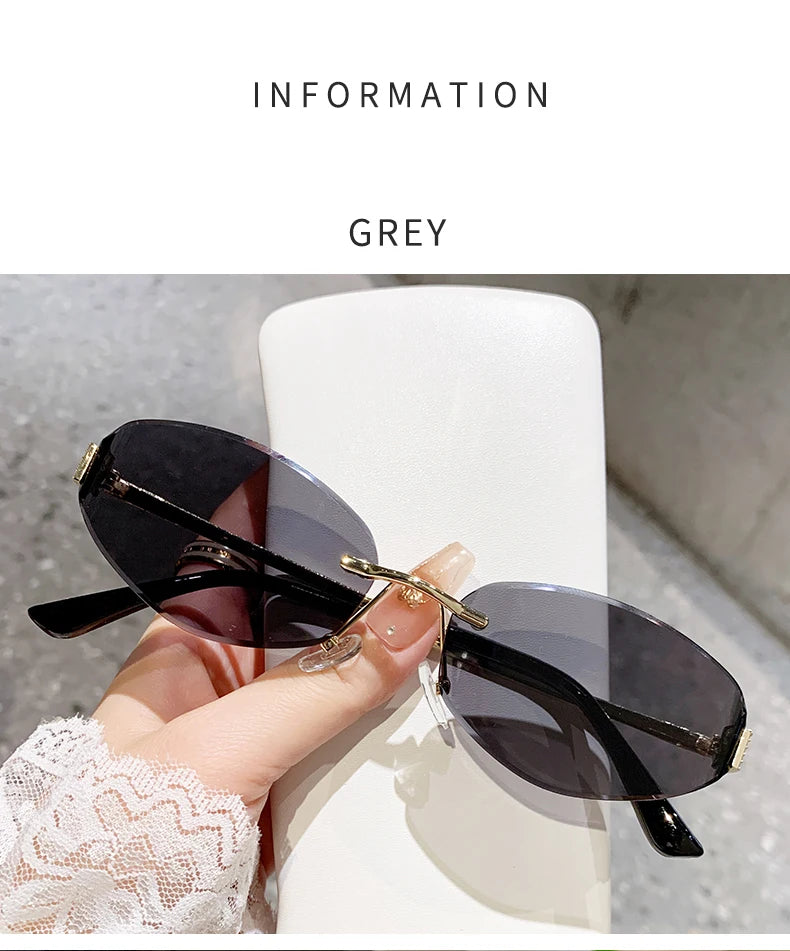 Retro Frameless Oval Concave Design Y2k Personalized Sunglasses Trendy Uv Resistant Street Photography Sunglasses 90275