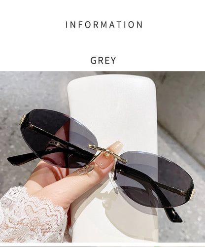 Retro Frameless Oval Concave Design Y2k Personalized Sunglasses Trendy Uv Resistant Street Photography Sunglasses 90275