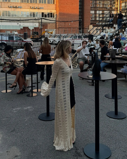 DSMTRC 2025 Holiday Knitted See-throught Cardigan Dress V Neck Long Flare Sleeves Leisure Long Trendy Single Breasted Autumn