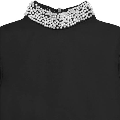 RLMABABY Elegant Splice Ruched Women Black Gown Long Bodycon Dress Pearl Stand Collar Sleeveless Club Party Sheath Maxi Dress