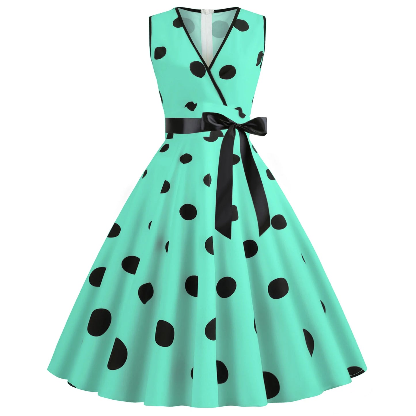 Summer V-neck sleeveless polka dot lace-up waist tucked vintage swing dress