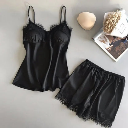 Women Pajama Suit Fashion V-Neck Lace Sexy Lingerie Pyjamas Sleep Shorts Set Sleepwear New ZY06