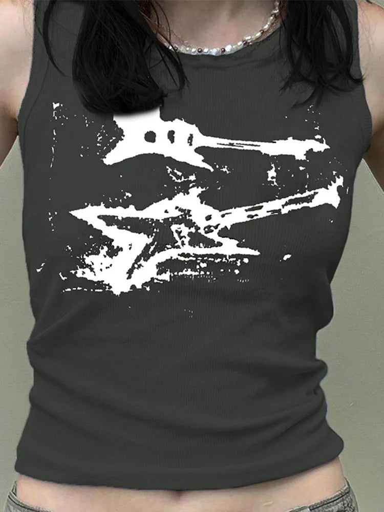 Guitar Print Sleeveless Tank Top Y2K Casual Ribbed Women Grunge Crop Top Harajuku Fashion Vest Tee 90s Street Outfits