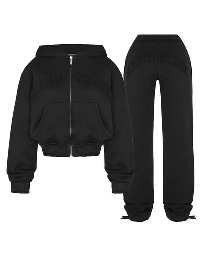 Patchwork 2 Piece Set Tracksuit Women Zip Wide Waist Crop Hooded Pocket Jacket + Sporty Pants Matching Casual Basic Suit black set