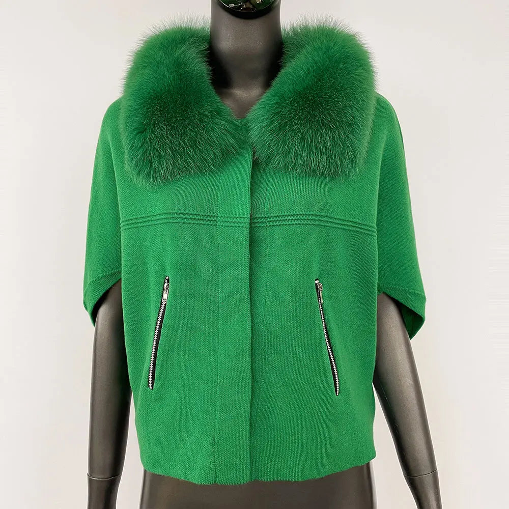 FURYOURSELF 2025 New Real Fox Raccoon Fur Collar Coat Knitted Sweater Women Short Sleeve Jacket Thick Warm Outerwear streetwear green One Size
