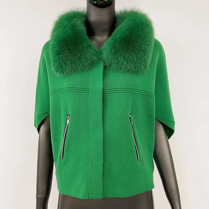 FURYOURSELF 2025 New Real Fox Raccoon Fur Collar Coat Knitted Sweater Women Short Sleeve Jacket Thick Warm Outerwear streetwear green One Size