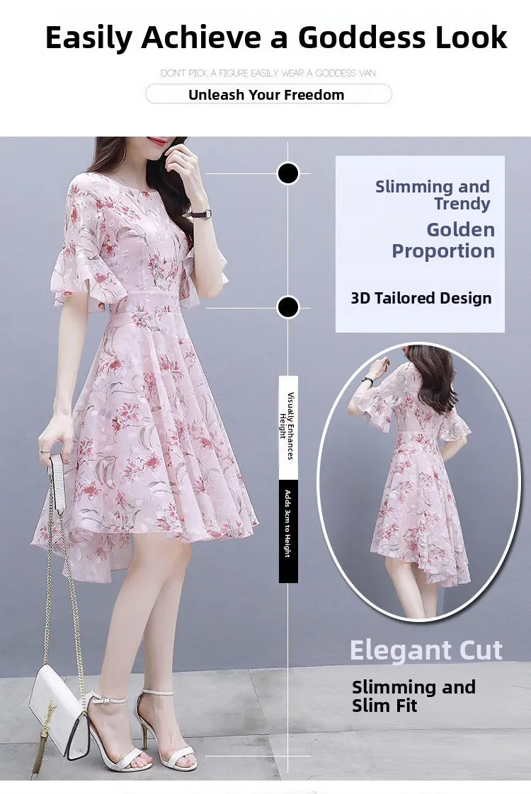 Ele Summer Women's Midi Dr ang Hai Sle Sweet Princ round Ne ort Sve A-Line Skirt Printed Chiffon Dr