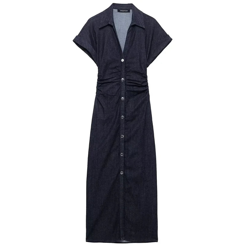 TRAF Womens Denim Dresses Summer 2025 Button Bodycon Blue Dress Ruffled Batwing Sleeve Long Dress Chic Casual Beach Vestidos 066 Navy Blue