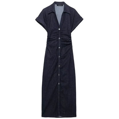 TRAF Womens Denim Dresses Summer 2025 Button Bodycon Blue Dress Ruffled Batwing Sleeve Long Dress Chic Casual Beach Vestidos 066 Navy Blue