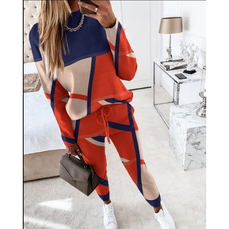 Women Casual Two Piece Sets Fashion Geometric Print O-Neck Long Sleeve Tops and Drawstring Pencil Pants Sets Office Lady Outfits Badiee Stylez