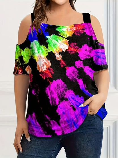 Summer new fashion strap off-the-shoulder multi-color print plus size women's short sleeve t-shirt Fuchsia