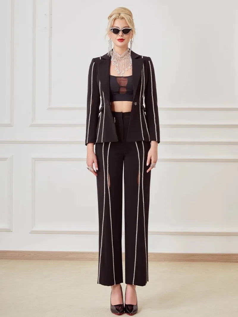 Designer Women Diamonds Hollow Out High Waist Slim Fit Blazers Top Straight Pants Two Piece Set Party Office Ladies Suits Set Badiee Stylez