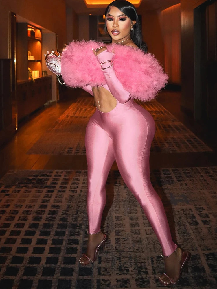 Weird Puss Furry Slash Neck Jumpsuits Woman Luxury Hipster Patchwork Trend Sexy Hollow Stretch Fitness Club Activity Overalls Badiee Stylez