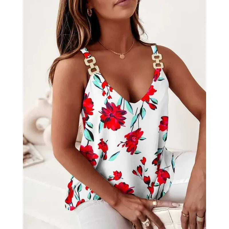 Summer Women's Casual Chain Camisole Vest V-neck Sleeveless Fashionable Printed Camisole Vest Summer Vacation Party Women's Vest flower