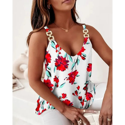 Summer Women's Casual Chain Camisole Vest V-neck Sleeveless Fashionable Printed Camisole Vest Summer Vacation Party Women's Vest flower