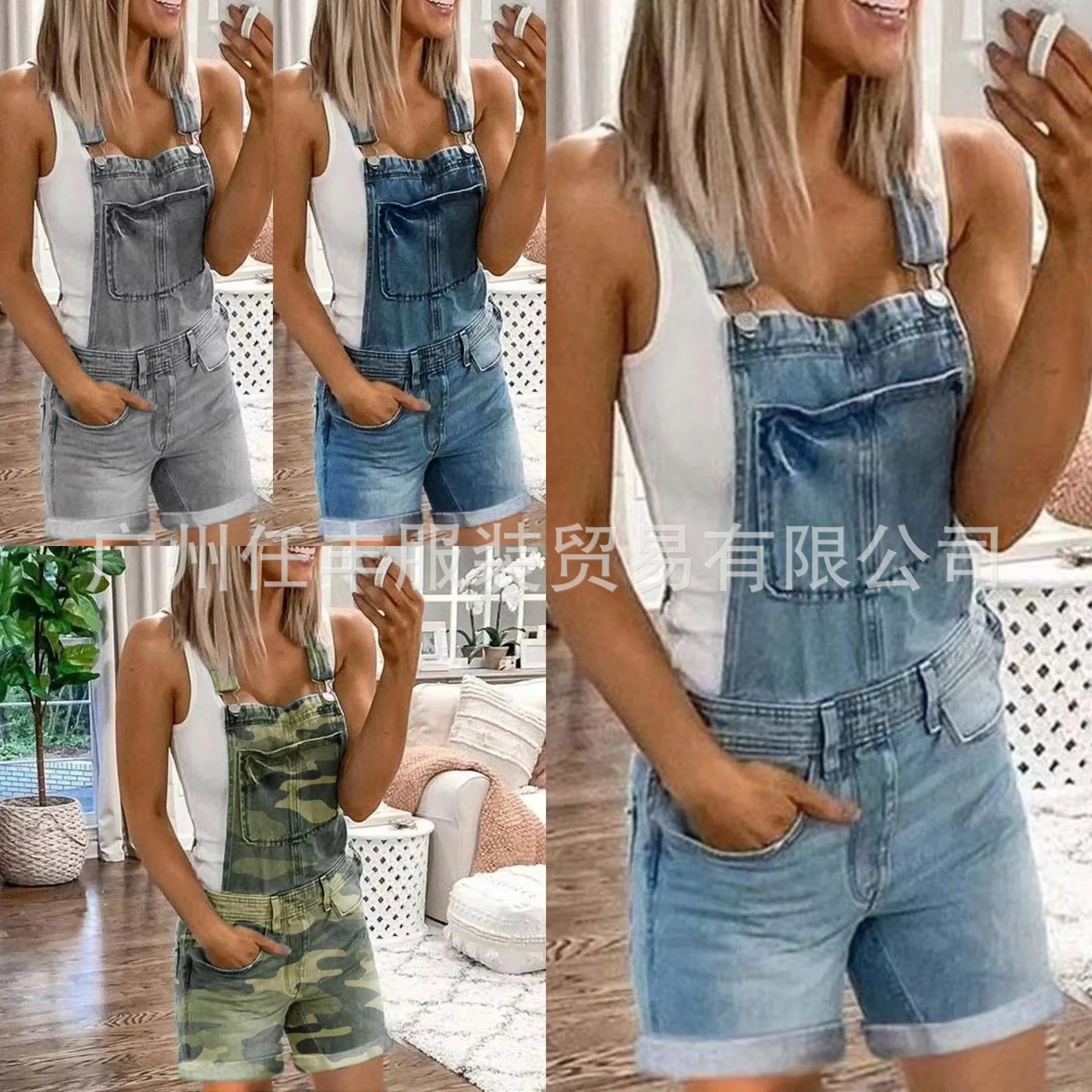 Women Rompers Jeans Jumpsuits One Piece Overalls Washing Denim Shorts Button Loose Casual Pockets Knee Length 2024 Summer