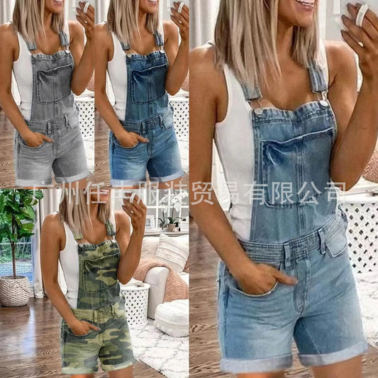 Women Rompers Jeans Jumpsuits One Piece Overalls Washing Denim Shorts Button Loose Casual Pockets Knee Length 2024 Summer