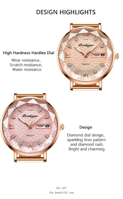 POEDAGAR Original Luxury Women Watch Week Date Waterproof Luminous Stainless Steel Woman Watches Simple Trendy Ladies Wristwatch