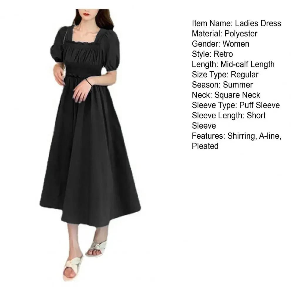 Summer Women Dress Pleated Shirring Square Neck Short Sleeve Bubble Sleeve Ladies Dress Solid Color Loose Hem Midi Dress