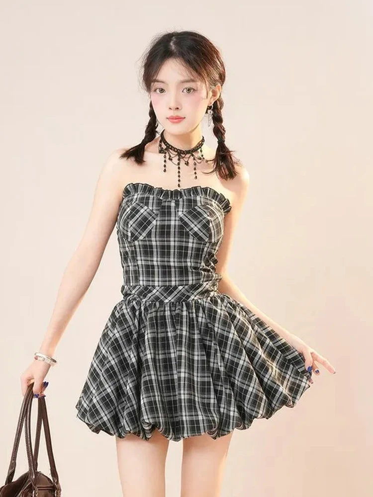 Y2K Plaid Mini Dress Women Vintage Backless Patchwork Slim Dress Summer Sexy Bodycon Strapless Aesthetic Lady Vestidos Badiee Stylez