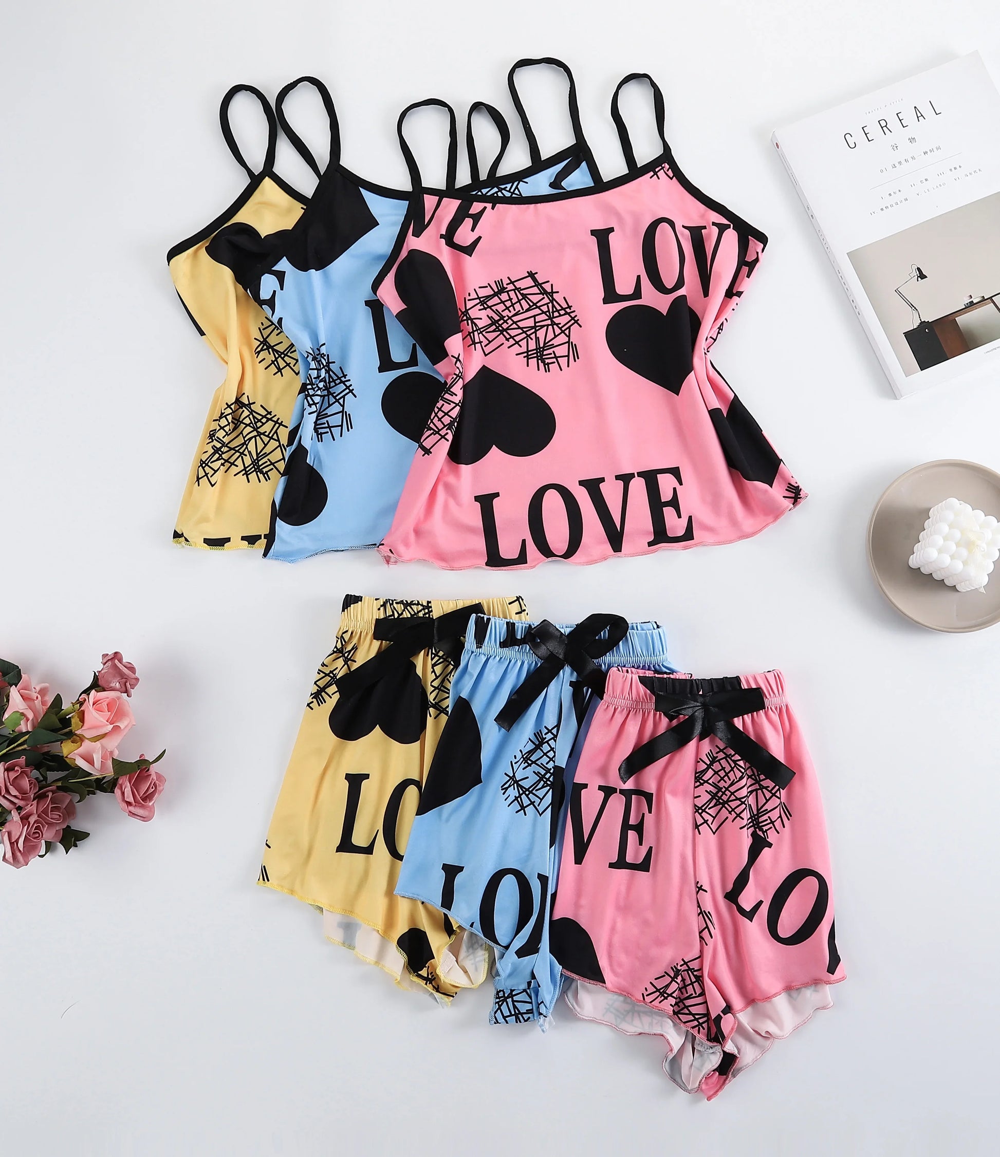 Women's Heart Print Summer Sleepwear Cami Top and Shorts Night Sleep Wear Pajamas 2 Pcs One Set Comfy Top with Shorts Pajamas