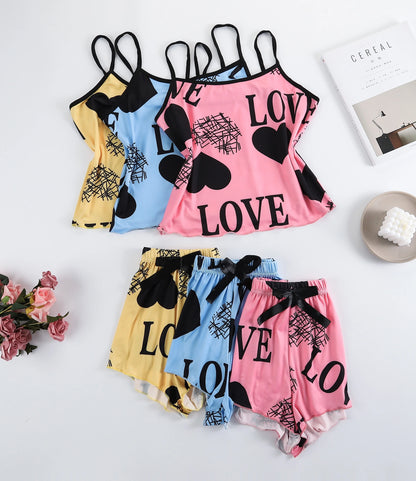Women's Heart Print Summer Sleepwear Cami Top and Shorts Night Sleep Wear Pajamas 2 Pcs One Set Comfy Top with Shorts Pajamas