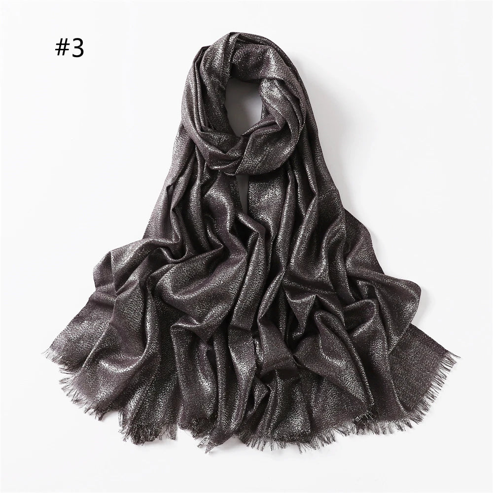 Lastest Brand Design Scarf Shiny Solid Color Shawls Rayon Fabric Gold Silk Silver Wire Head Shawl Fringe Hijab For Women