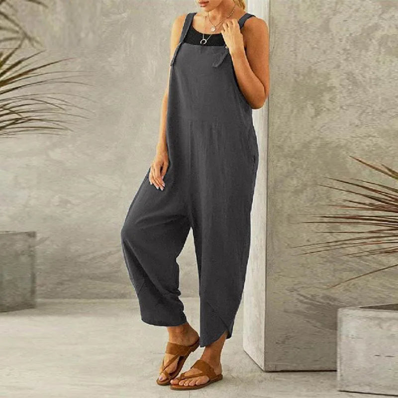 Women Loose Wide Leg Overalls Summer Adjustable Solid Color Cotton Linen Baggy Full Trousers Female Jumpsuits Oversized Gray