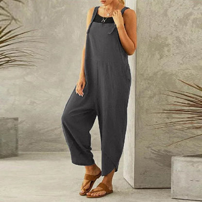 Women Loose Wide Leg Overalls Summer Adjustable Solid Color Cotton Linen Baggy Full Trousers Female Jumpsuits Oversized Gray