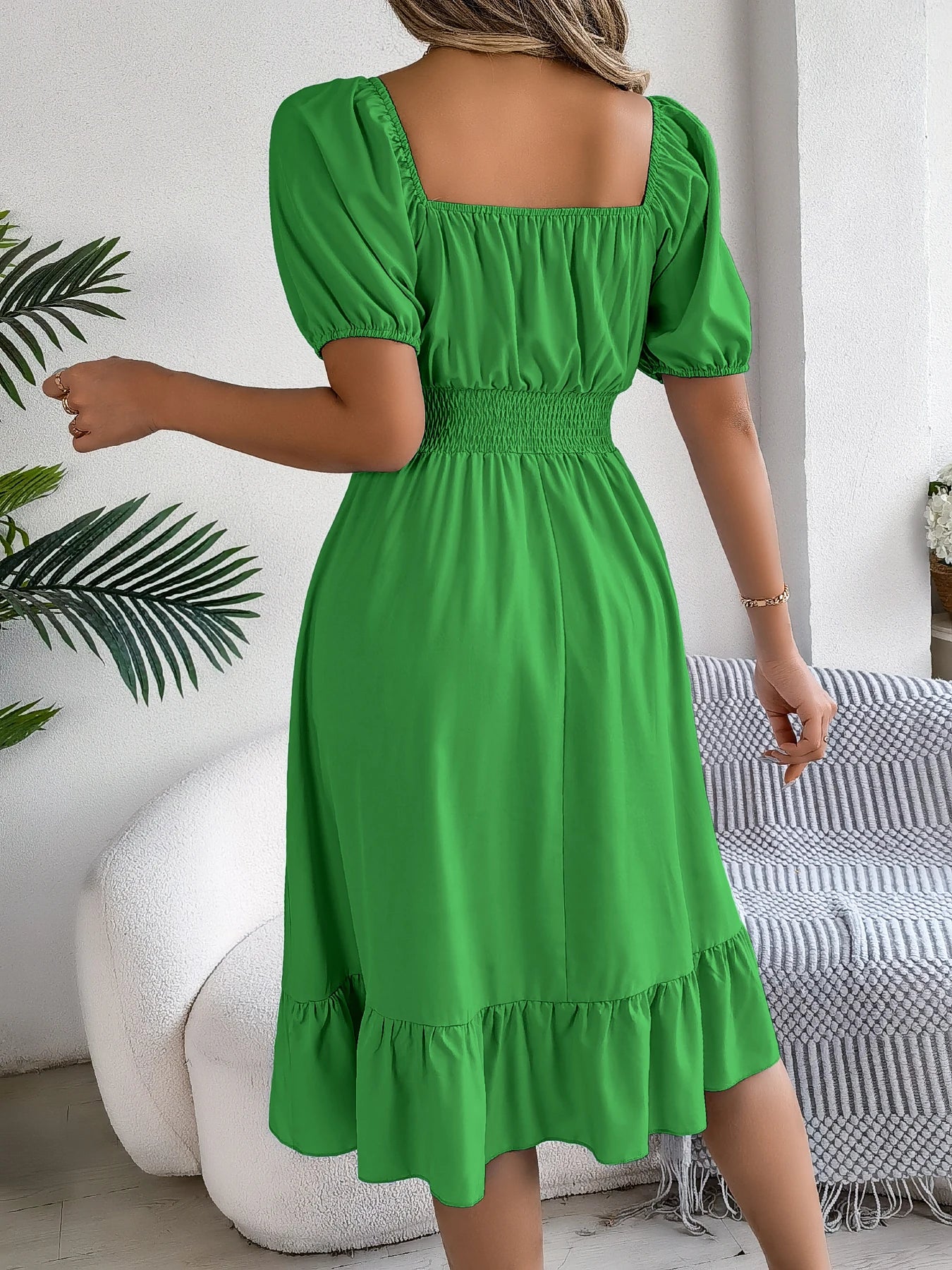 Spring and Summer Elegant High Waisted Dress Square Neck Short Sleeved Ruffled Edge Long Dresses for Women Badiee Stylez