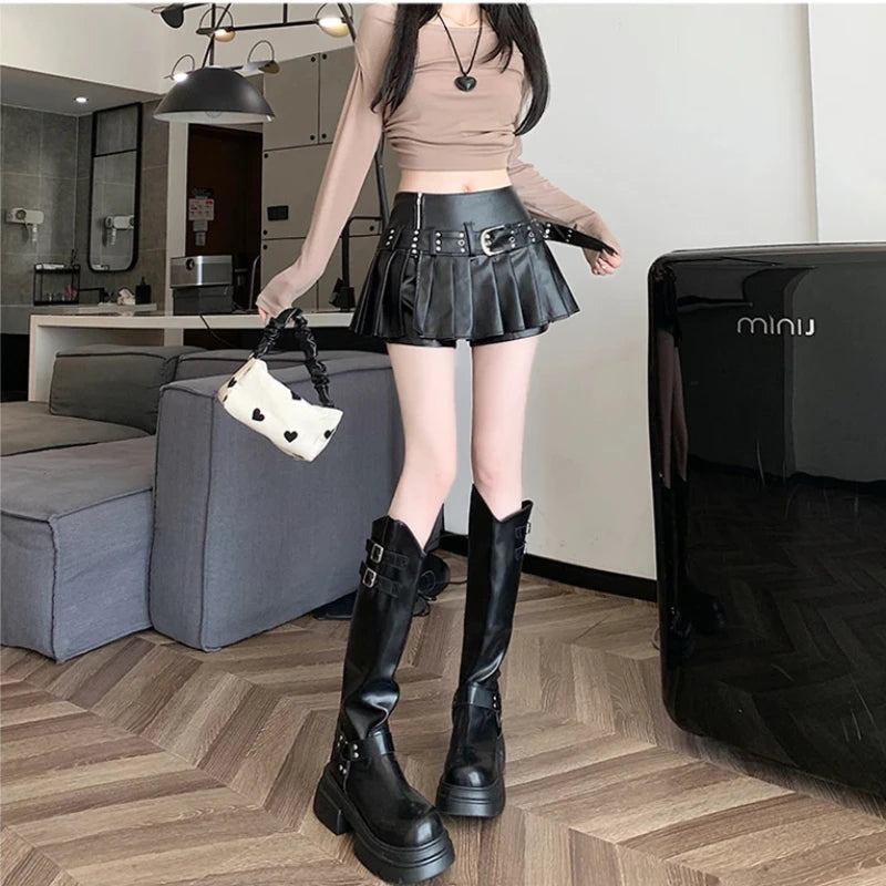Women's Black Gothic A-line Pleated Leather Skirt Y2k Mini Shorts Skirts Harajuku Korean Emo Skirt 2000s Vintage Clothes Summer