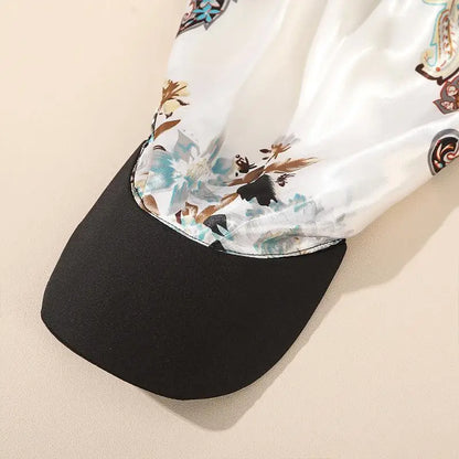 Outdoor Satin Silk Headscarf Hat with Brim 2-in-1 Sun Hat and Headband Elegant Printed Square Scarf Cap
