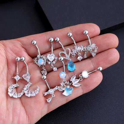Zircon Crystal Belly Button Ring Dangle Wing Piercing Nombril Ombligo Surgical Steel Barbell Heart Round Navel Stud Body Jewelry