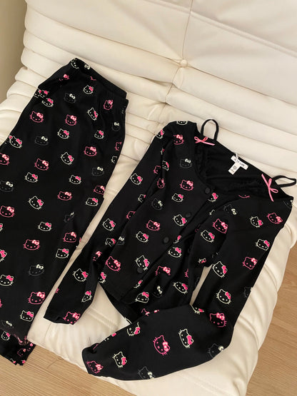 2Pcs/Set Girl's Cotton Pajama Built-in Bra Outdoor Wear Spring Autumn Hello Kitty Collection Home Clothing Sanrio Loungewear