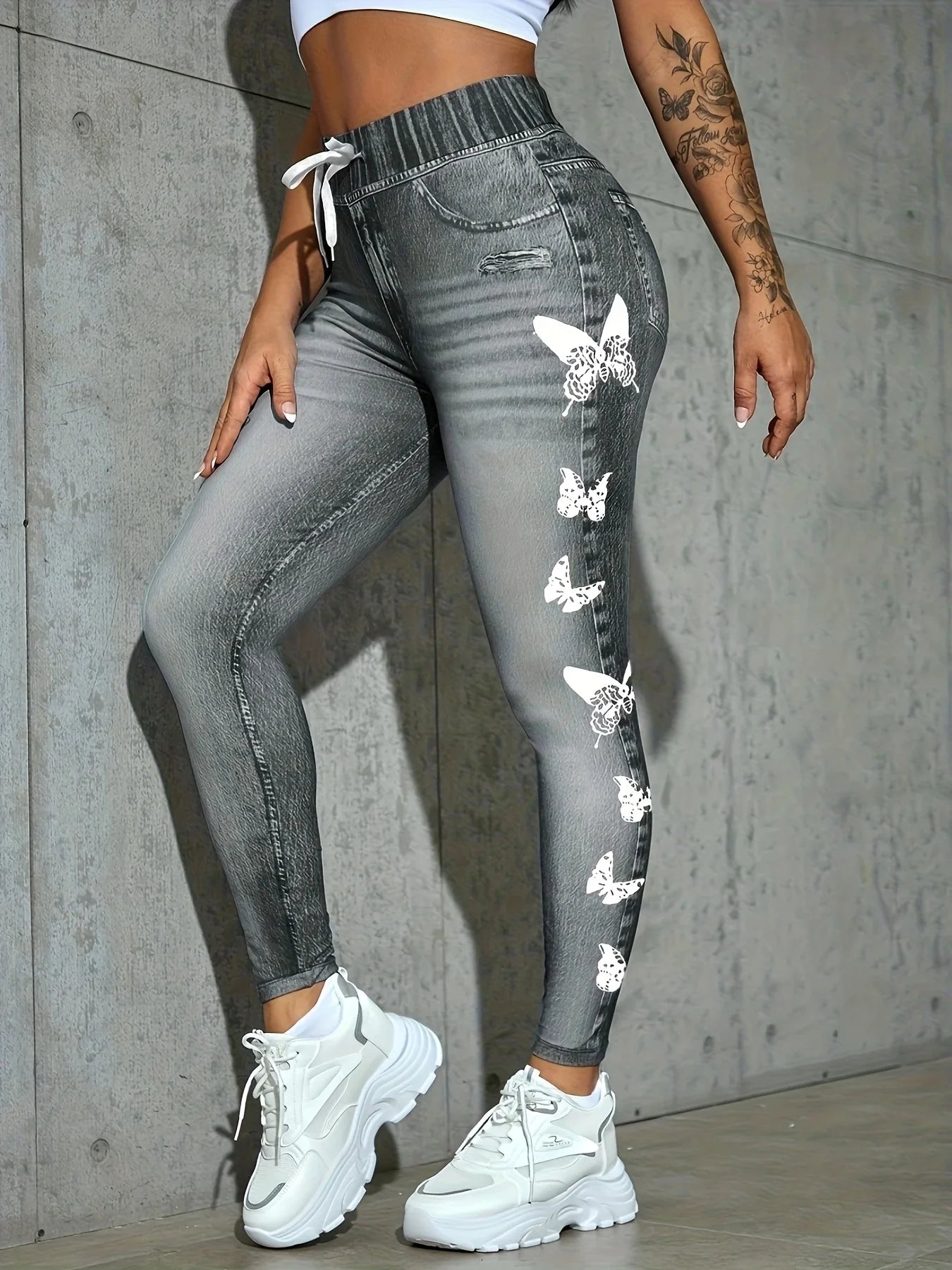 Imitation denim butterfly printed tight base trousers - high-waisted slim leggings - suitable for all seasons of women's outfits Badiee Stylez