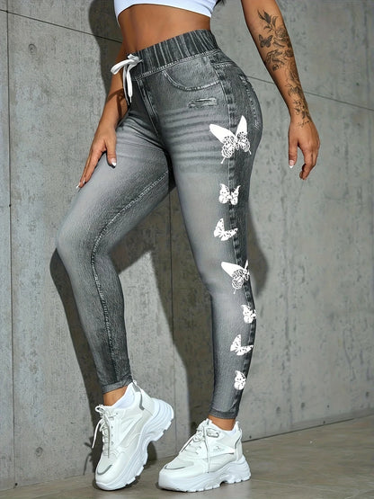 Imitation denim butterfly printed tight base trousers - high-waisted slim leggings - suitable for all seasons of women's outfits Badiee Stylez