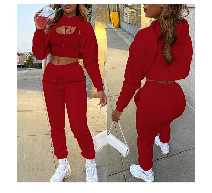 Women 3 Pieces Sets Sweatpants and Hoodie Set Cropped Tops Fleece Pants Suit Tracksuit Fitness Sport Jogger Outfit Clothing