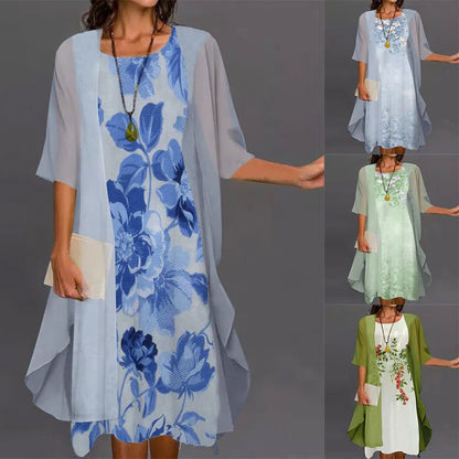 Summer Elegant Dress Two-piece Set Women Fashion Floral Print Dress For Women Casual Long Cardigan Coat Sun Protection Shirt