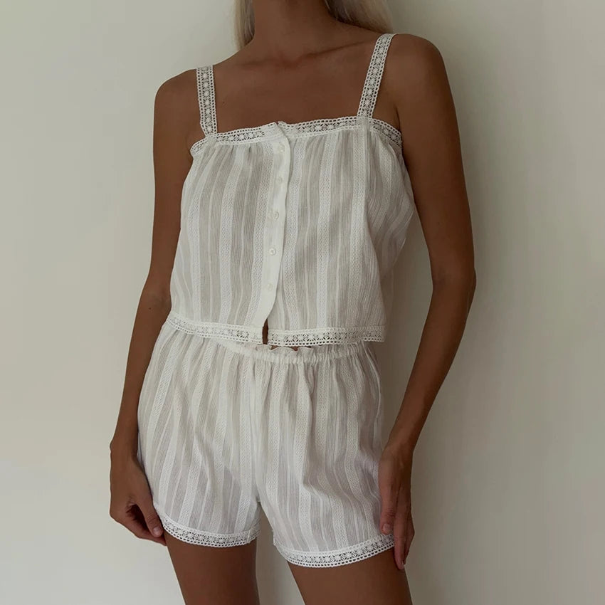 Hiloc Summer Elegant Jacquard Weave Shorts Suits Pajamas Cotton Ruffles White Sleepwear Home Spaghetti Strap Vest Casual Sets