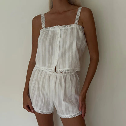 Hiloc Summer Elegant Jacquard Weave Shorts Suits Pajamas Cotton Ruffles White Sleepwear Home Spaghetti Strap Vest Casual Sets