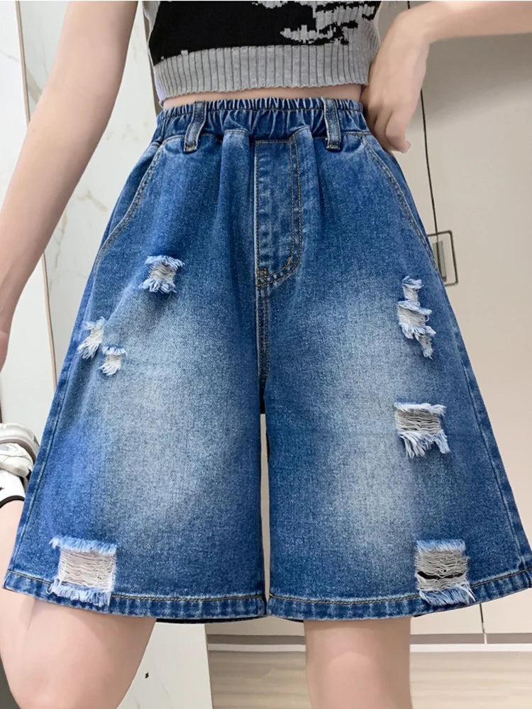Plus Size Denim Shorts For Women 2024 Summer Wide Leg Loose Blue Jeans Shorts High Elastic Waist Half Length Casual Denim Shorts