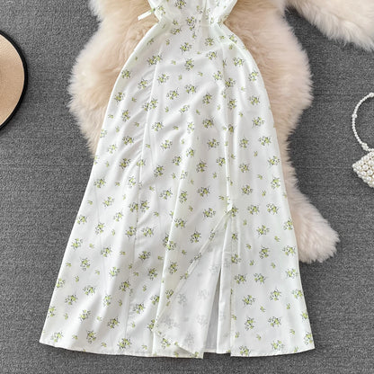 Summer Vintage Dress Blue Floral Summer Bubble Sleeve Tie Up Sexy Dresses Women A-line Print Split Long Dress Elegant Vestidos