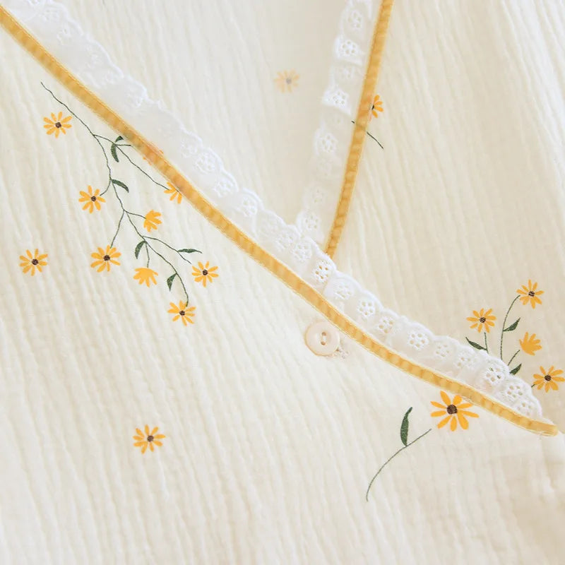 Fdfklak 2025 Spring Crepe Kimono Long Sleeve Home Clothes Female Sleepwear Gauze Cotton V-Neck Home Suit Women's Pajama