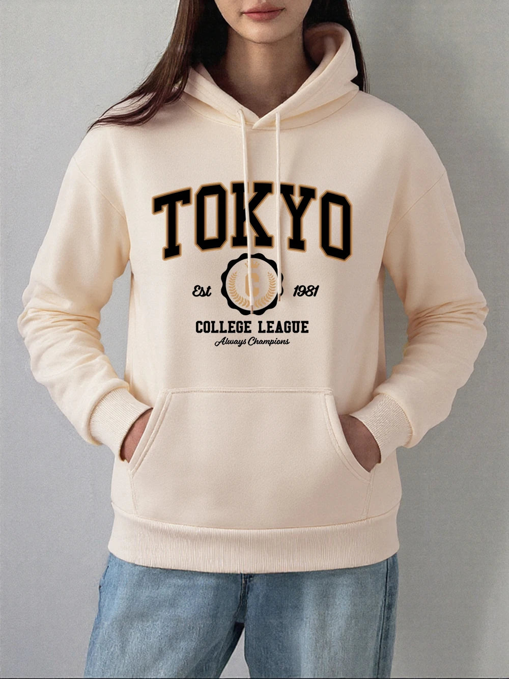Tokyo College League Prints Hoodie Women Winter Fleece Warm Pullover Basics Pocket Sweatshirt Casual Comfortable Womans Clothes Beige