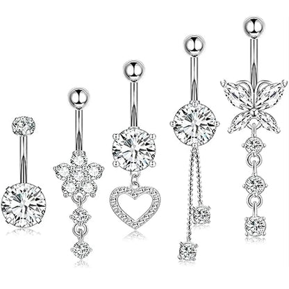14G Gold Color Series Butterfly Dangled Belly Piercing Sets 5PCS/Lot Heart Flower Curved Navel Navel Ring Belly Button Rings 5pcs steel