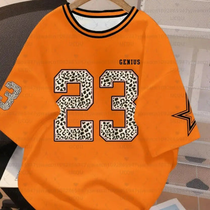 Women's Letter Leopard NO.23 Print Round Neck Short Sleeve T-Shirt Summer Graphic Tee Plus Size Sport T-Shirt