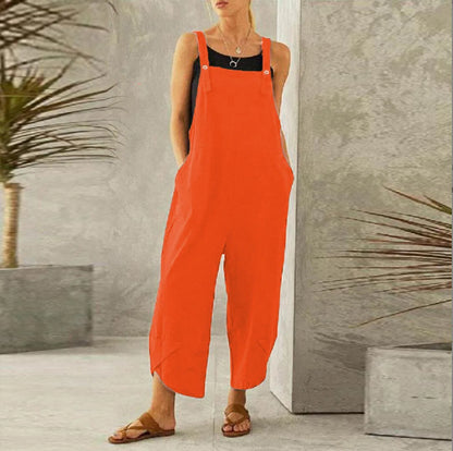 Women Loose Wide Leg Overalls Summer Adjustable Solid Color Cotton Linen Baggy Full Trousers Female Jumpsuits Oversized Orange