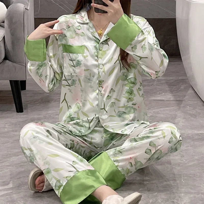 Korean Style Women's Two-piece Pajamas Sets Fashion Flower Print Faux Silk Satin Sleepwear Female Long Sleeve Pants Housewear 23